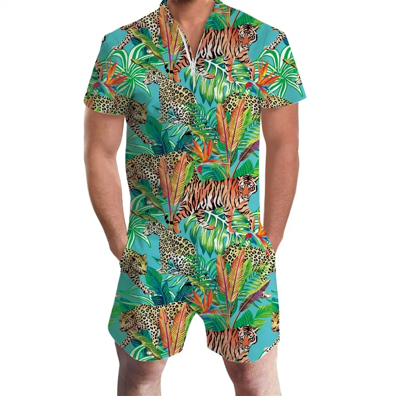 tiger New Mens Rompers 90s Jazz Solo 3D Paper Cup Printed Jumpsuit Harem Cargo Overalls Summer Hip-Hop Casual Bibs Pants Dropship - Цвет: tiger