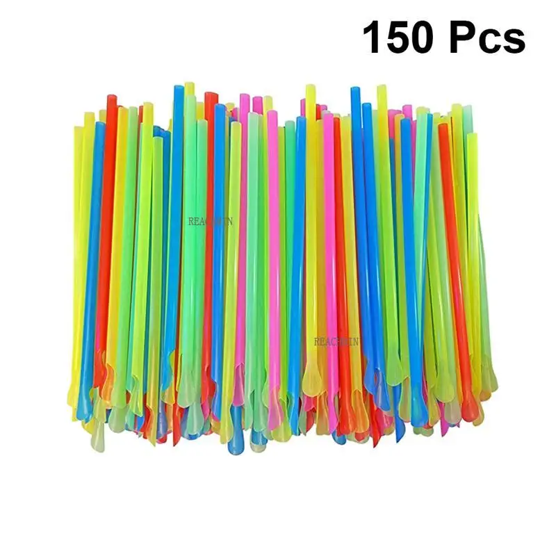 150pcs Disposable Spoon Straws Dual Use Drinking Straw for Smoothies Milkshakes Shaved Ice (Mixed Color) | Дом и сад