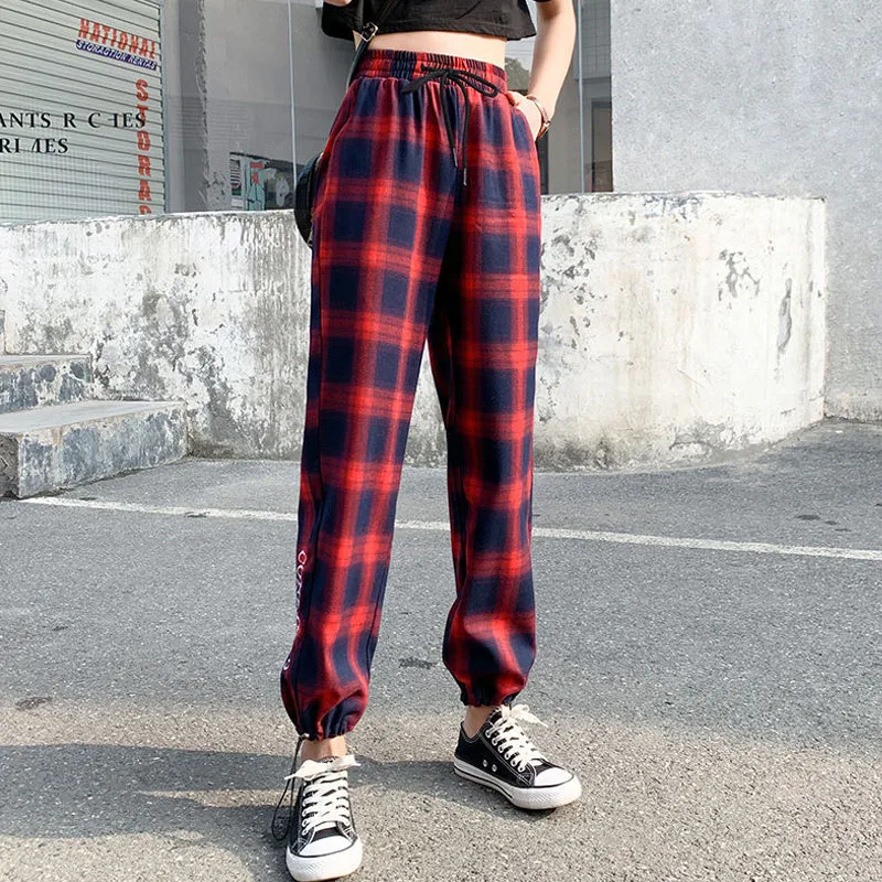 

Women Plaid Drawstring Jogging Sport Pants Female Fashion Letter Printed High Waist Harem Trousers Summer Casual Loose Pants
