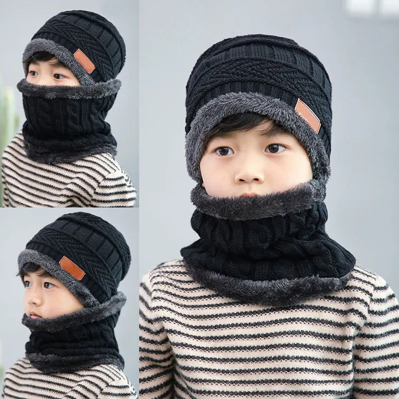 New 2Pcs Kids Winter Warm Knitted Hat with Scarf Set Skullies Beanies for 3-14 Years Old Boy's Children Outdoor Sport Set Hot