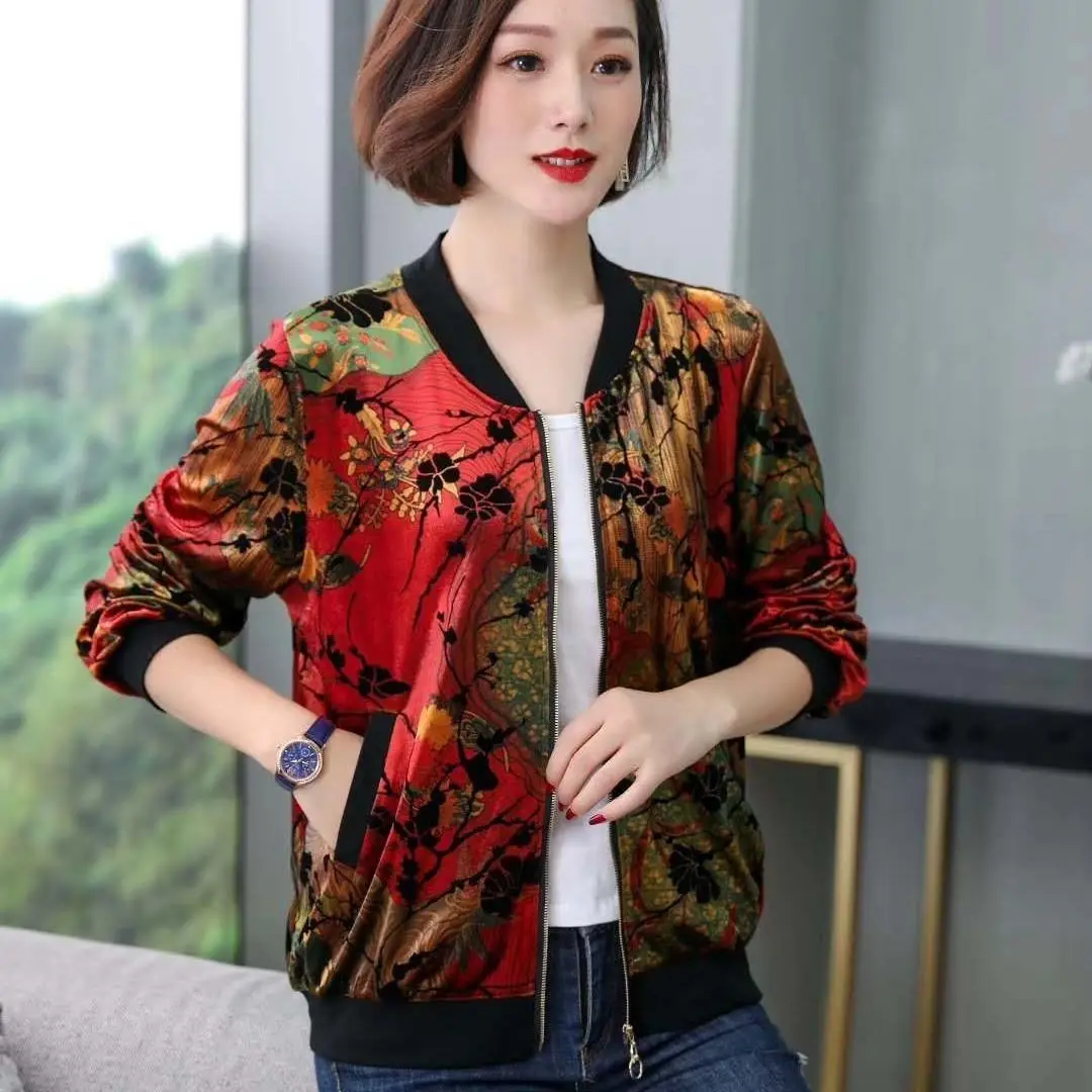 

2020 New Middle Age Women Jacket Floral Printed Long Sleeve Sweatshirt Spring Slim Coats Outwear Zipper Plus Size Jackets T101