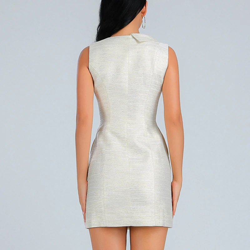 

INDRESSME 2020 New Women Sexy Solid Sleeveless Deep V Neck Three Breasted Fashion Sexy Office Lady Suit Mini Suit Dress