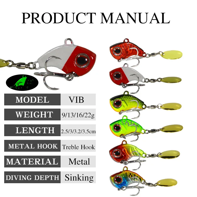 New Arrival 1PCS 9g/13g/16g/22g Metal VIB Fishing Lure Spinner Sinking Rotating Spoon Pin Crankbait Sequins Baits Fishing Tackle