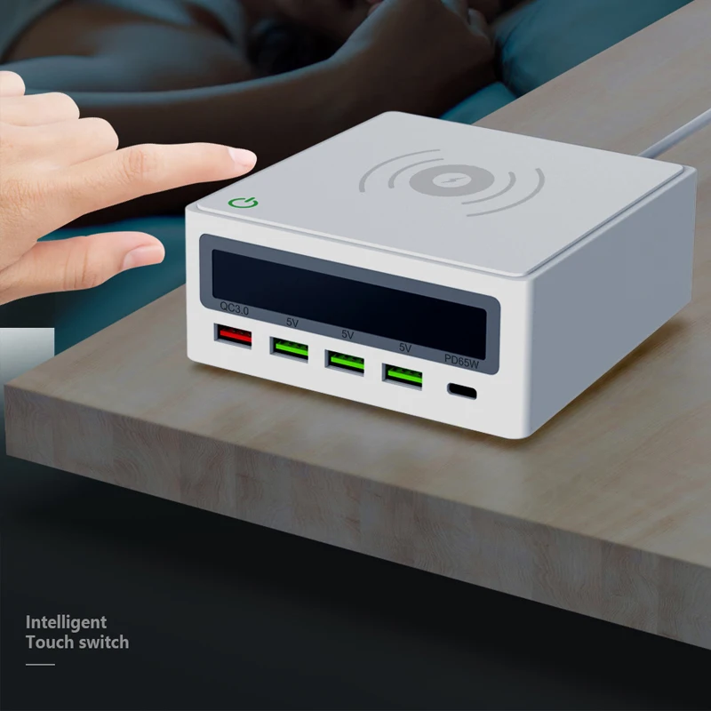 

5 Ports QC3.0 USB Type C PD 65W Power Adapter LCD Qi Wireless Charger Cellphone Fast Charger Station For Laptop Tablet