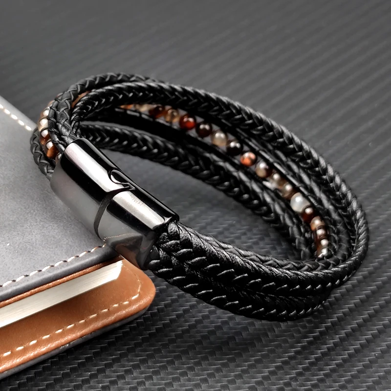 Браслет мужской из натурального камня коричневый браслет с черной магнитной