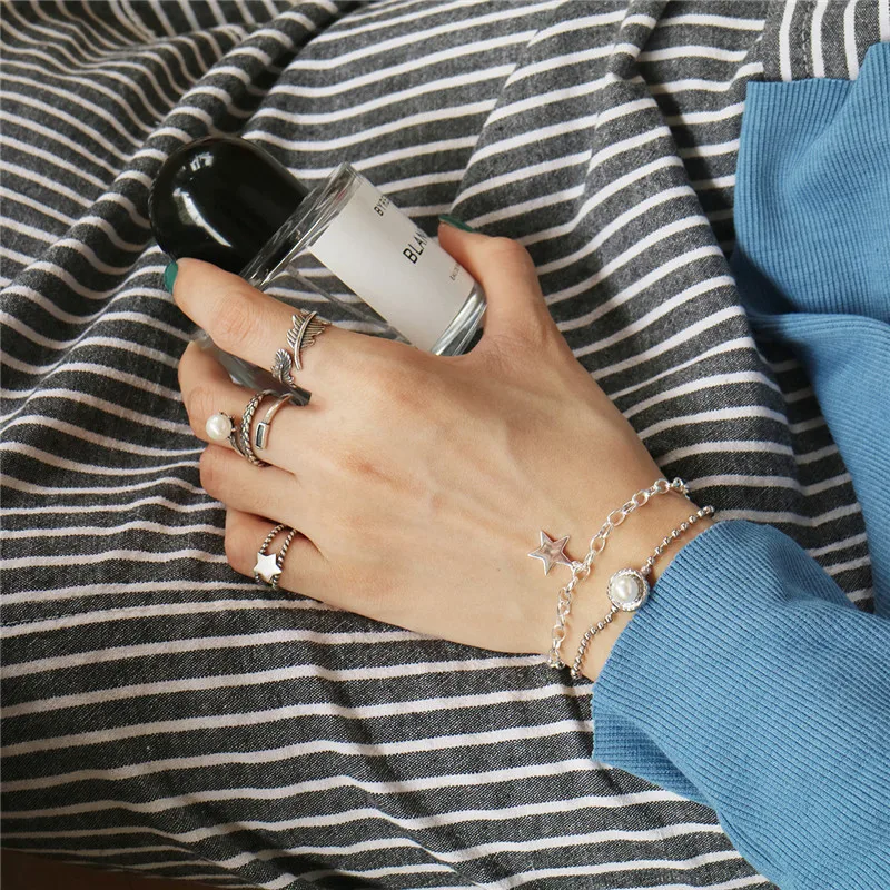 

POFUNUO Korean Style 925 Sterling Silver Bracelets Wish Star Pearl Charm O Shape Link Chain Bracelet Women Fine Jewelry 925 Gift