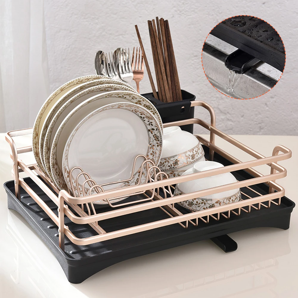 Dish Drying Rack with Drainboard,Aluminum Rust Proof Dish Dryer Rack with Removable Cutlery Kitchen Holder Drain Strainers