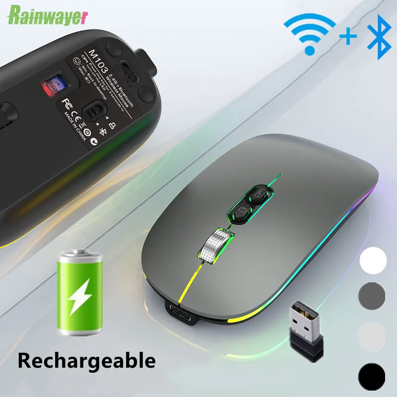 

Беспроводная мышь, совместимая с Bluetooth, перезаряжаемая мышь со светодиодный Ной подсветкой RGB, USB оптическая эргономичная Бесшумная мышь для...