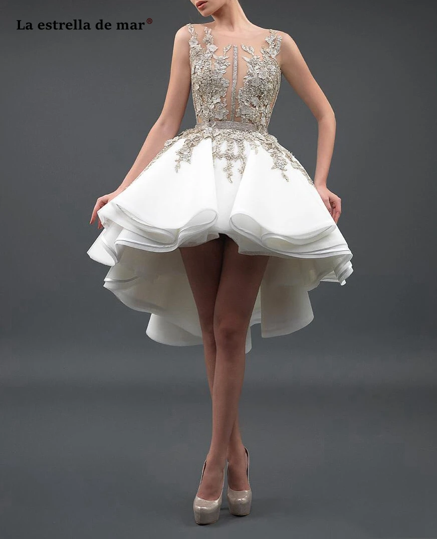 

sukienka koktajlowa Sexy Sheer Neck 3D Lace Appliques Tulle Backless High Low ivory gold cocktail dresses Tea Length Prom Gowns