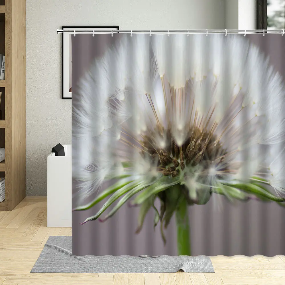 

White Float Dandelion Pattern Shower Curtain Floral Plant Bathroom Decor Polyester Fabric Waterproof Hanging Curtains With Hooks
