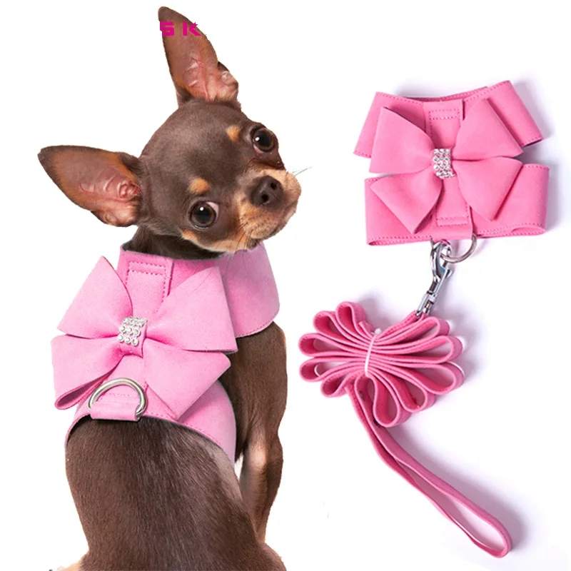 Small Dog Harness Leash Collar Soft Suede Leather Dog Harness for Puppies Chihuahua Yorkie Cute Pet Harness with Leash Bow XL