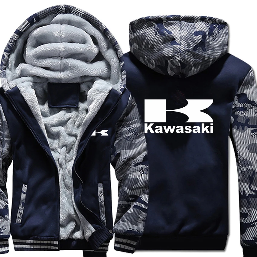 Kawasaki, моторные толстовки зимняя камуфляжная теплая зимняя куртка с капюшоном на утином Для мужчин флис Мотоцикл Kawasaki Толстовка