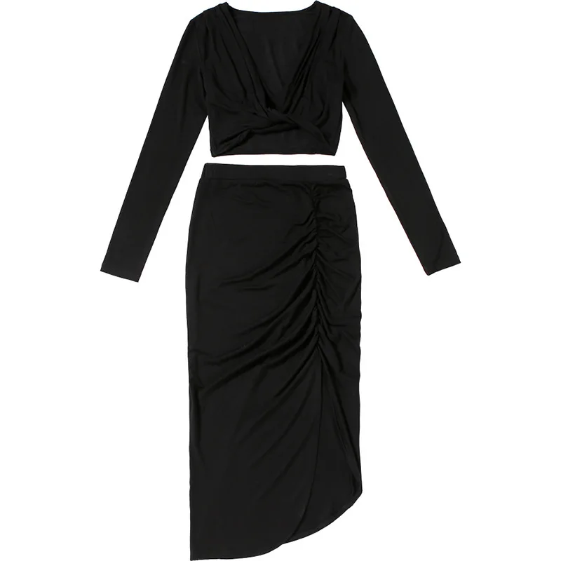 

Solid Black Two Piece Sets Women Street Sexy Crop Top and Irregular High Split Skirt Set Autumn Party Sets ensembles de femmes