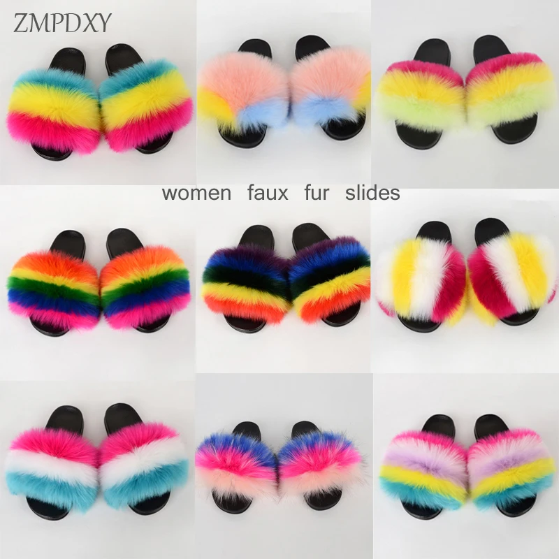 New Design EVA Fluffy Shoes Ladies Home Warm Slippers Faux Fox Fur Slide Plush Slipper Furry Fake Fur Sandals Women Shoes Vendor