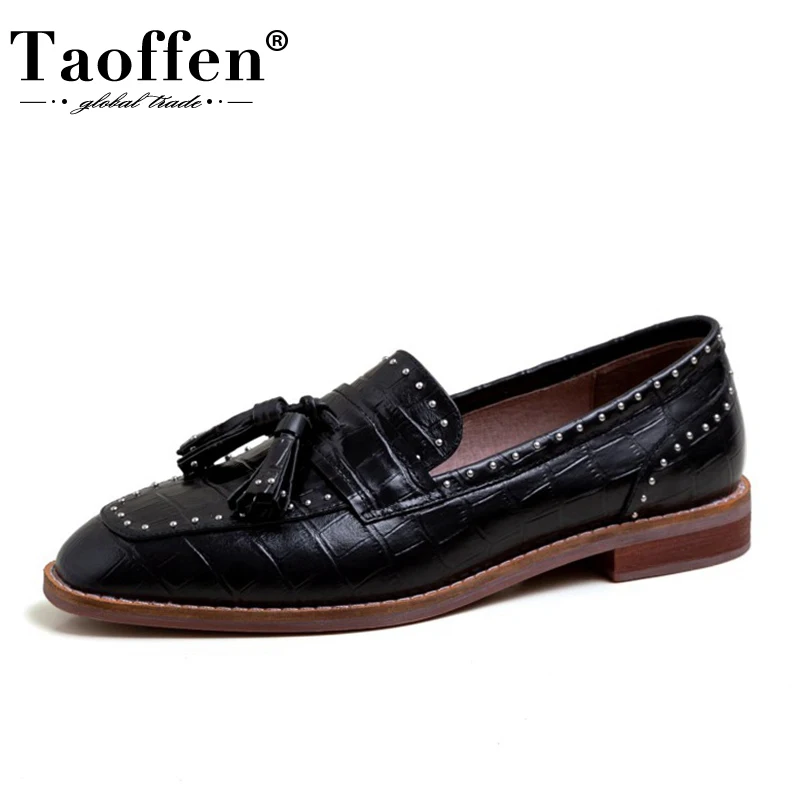 

Женские туфли на плоской подошве Taoffen, школьные туфли размеров 34-39 из натуральной кожи с кисточками и камнями