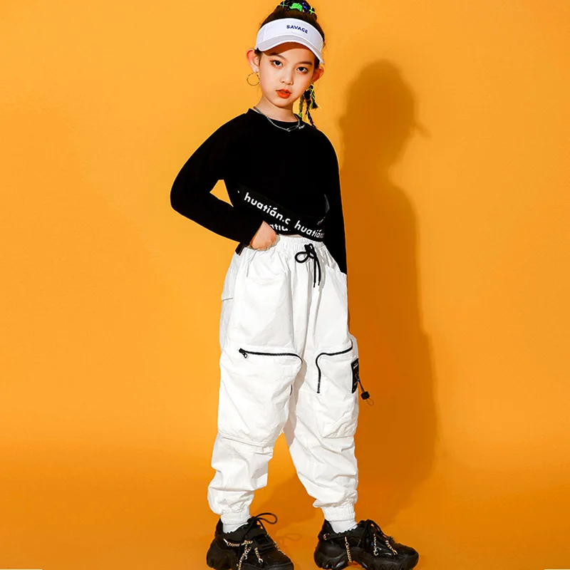 Kid Kpop Hip Hop Clothing Black Sweatshirt Crop Top White Streetwear Cargo Jogger Pants for Girls Jazz Dance Costume Clothes