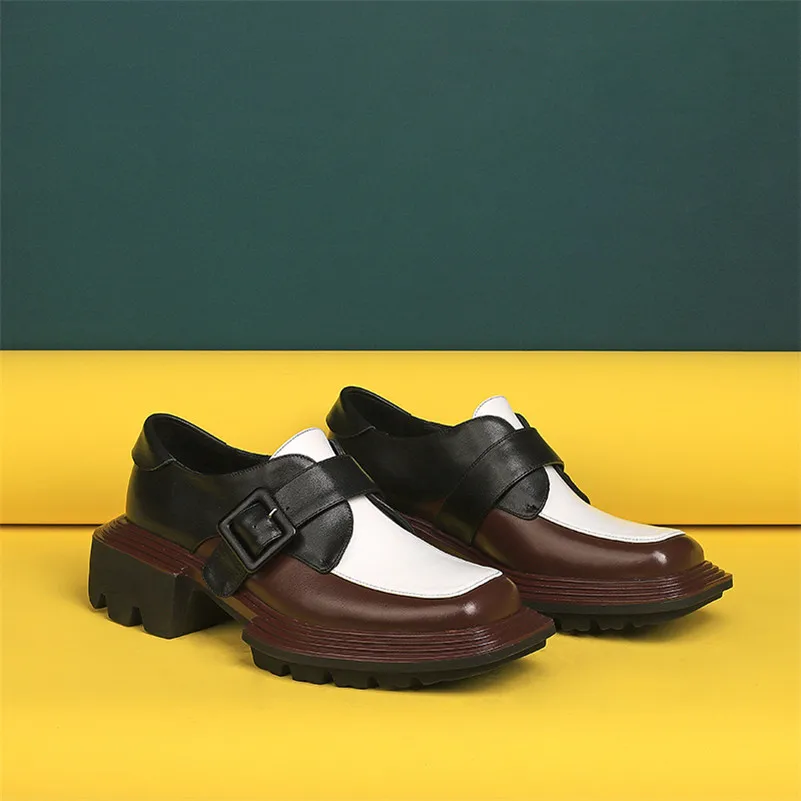 

Meotina Pumps Women Genuine Leather Platform Mid Heel Shoes Square Toe Buckle Thick Heels Shoes Female Mixed Colors Footwear 40