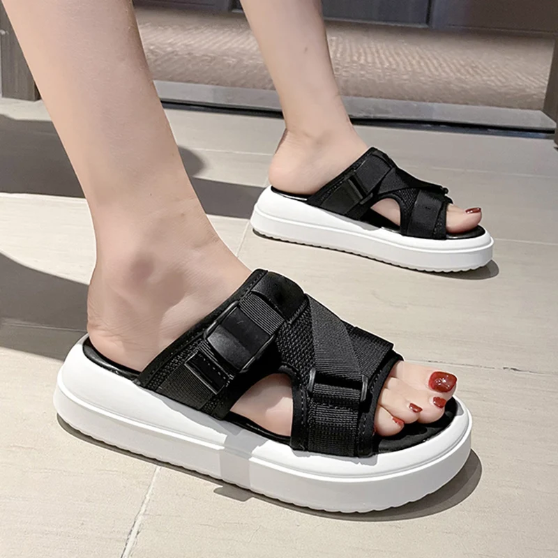 

Rimocy Cloth Buckle Platform Slippers Women Summer Open Toe Soft Bottom Med Heels Slides Woman 2021 Thick Sole Casual Flip Flop