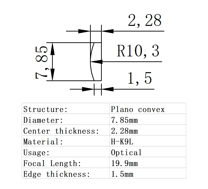 

Плоско выпуклая линза Диаметр 7,86 мм фокусное расстояние 19,9 мм H-K9L Стеклянные Линзы Оптическое стекло оптические линзы