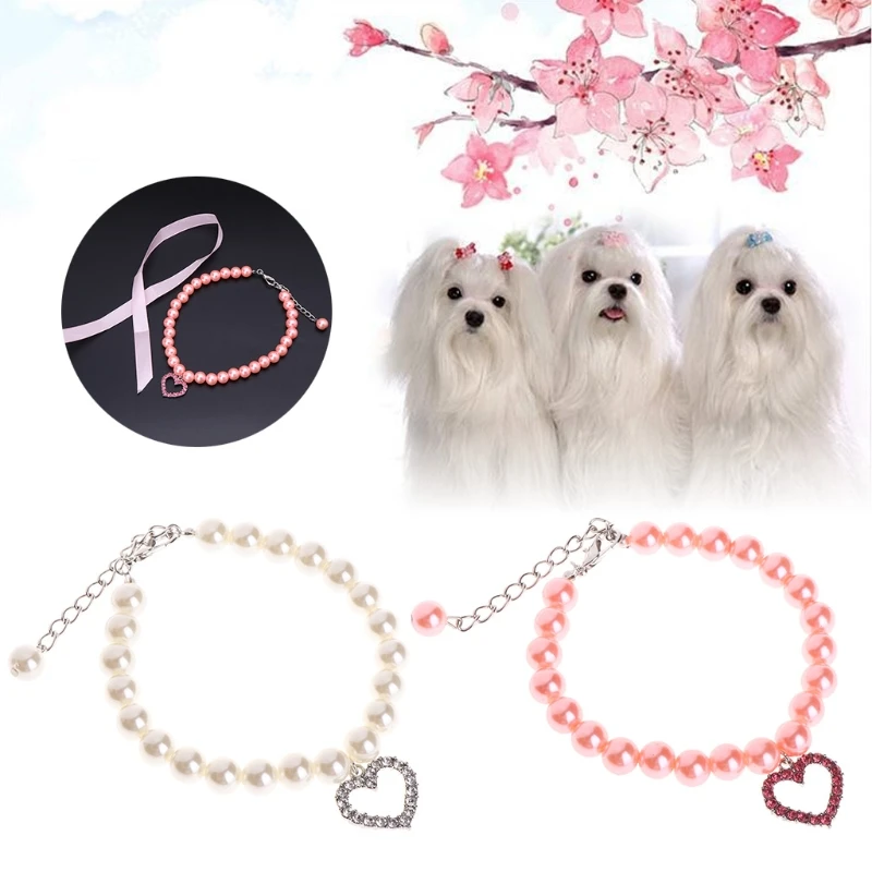 

Pet Collar Pearl Necklace Dog Puppy Cat Bowknot Custom Adjustable Identification 32CC