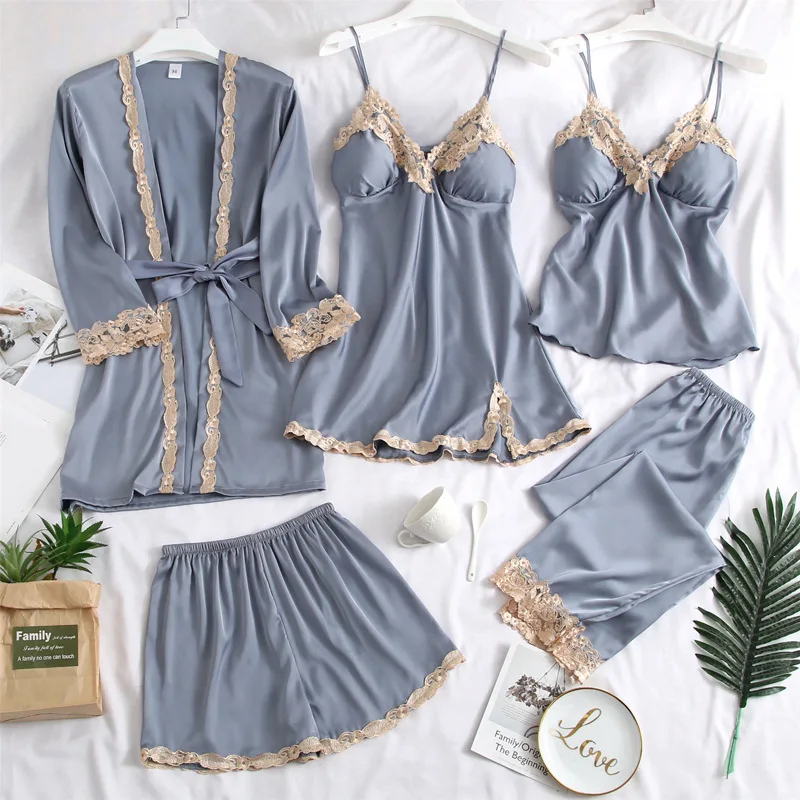Ночная рубашка 5 шт. пижамный комплект Сексуальная атласная Домашняя одежда