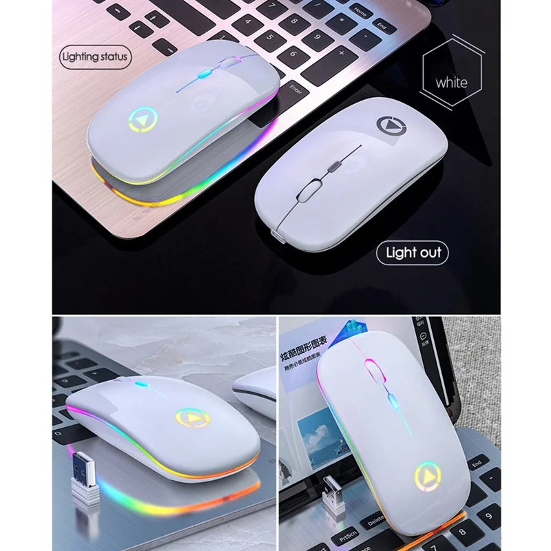 

2.4GHz Wireless Mouse With Colorful Light USB Rechargeable Mute Mice For Laptop PC Tablet