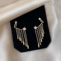 2020 fashion bling cz zirconia long tassel earrings gold color chain pendants geometric clip earrings statement party jewelry