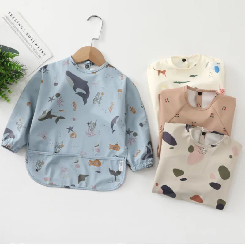 

New Baby Toddler Long Sleeve Scarf Waterproof Art Smock Feeding Bib Apron Pocket Infant Drooling Kids Girls Cloth Burp Boys Bibs