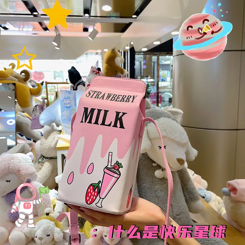 

Cute Milk Box Women Shoulder Bag Harajuku Strawberry Drink Crossbody Bags for Women Lemon Cartoon Printed Funny Purse 2021 Flap