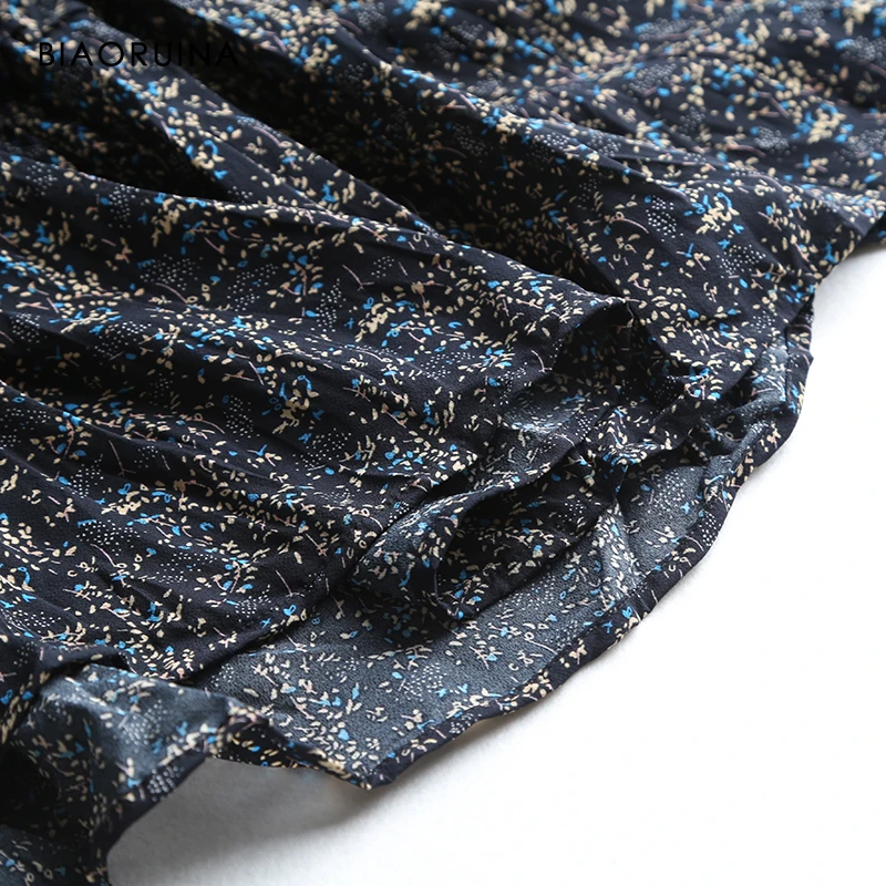 

BIAORUINA Women's Beach Style Floral Printed Viscose Long Dress Bow Tie Collar Ruffles Female Casual Spring Dress Vestido