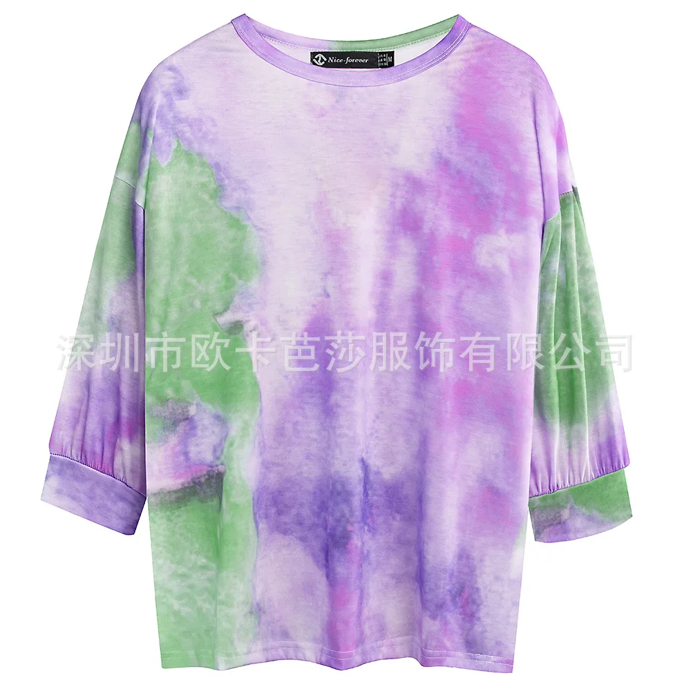 

Autumn and winter 2021 new women's tie dyed 3 / 4 sleeve loose casual T-shirt