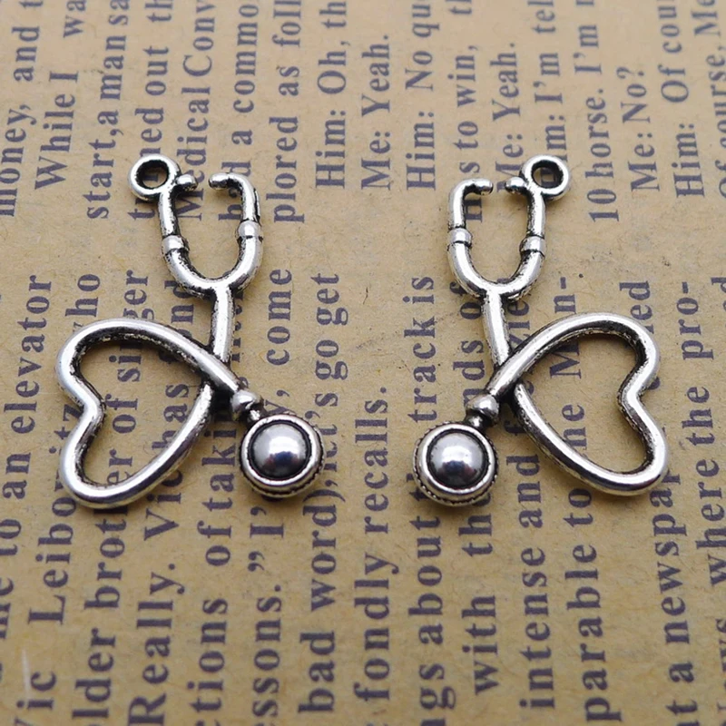 

20 Silver 22X15mm Medical Heart-Shaped Stethoscope Pendant Nurse Pendant Bracelet Earrings Metal Jewelry DIY