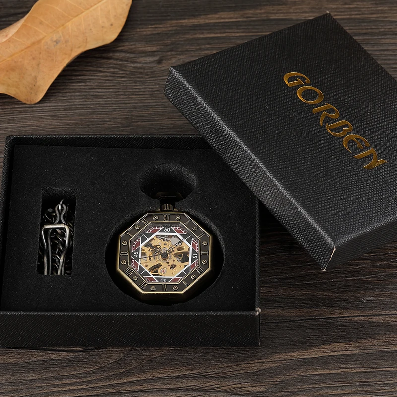 Gorben Vintage Mechanical Pocket Watch Octagonal Dial Mechanical Hand Wind Movement with FOB Chain