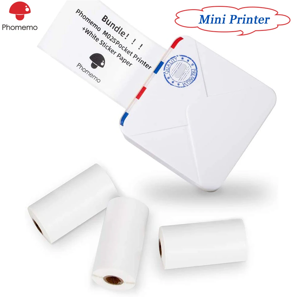 

Карманный принтер Phomemo M02S, 300 точек/дюйм, мини-термопринтер с 4 рулонами белой бумаги для наклеек, для обучения, работы
