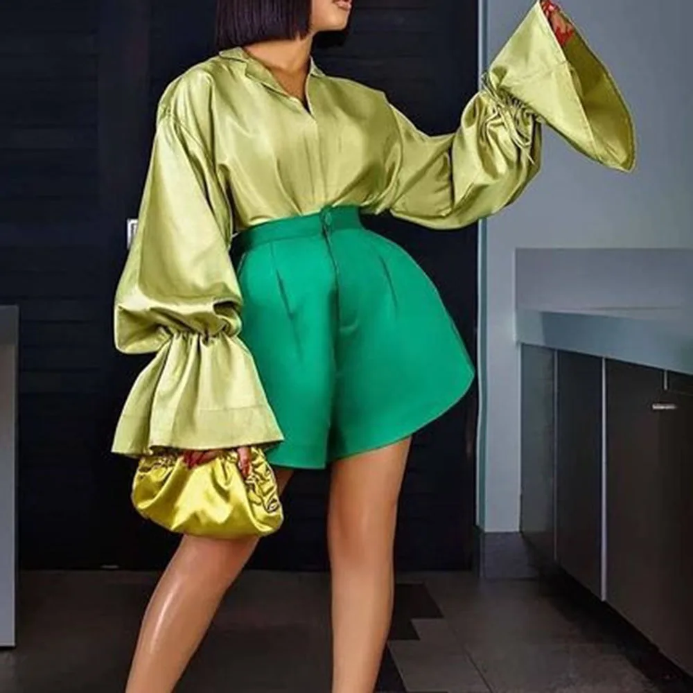 

fashion blouses and shirts designer stain green flare long sleeve women autumn clothing sexy office lady 2021 oversize shirt top
