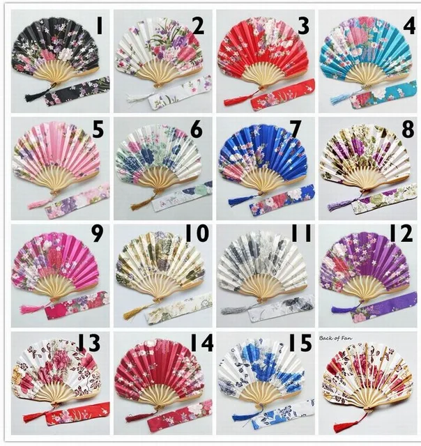 

Free Shipping 100pcs Personalized Cherry Blossom Design Round Cloth Folding Hand Fan with Gift bag Wedding Gifts for Guests