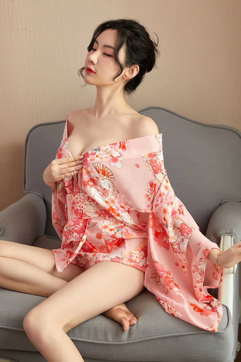 

Sexy lingerie retro printed kimono hollow sleeve sexy corset passion uniform temptation