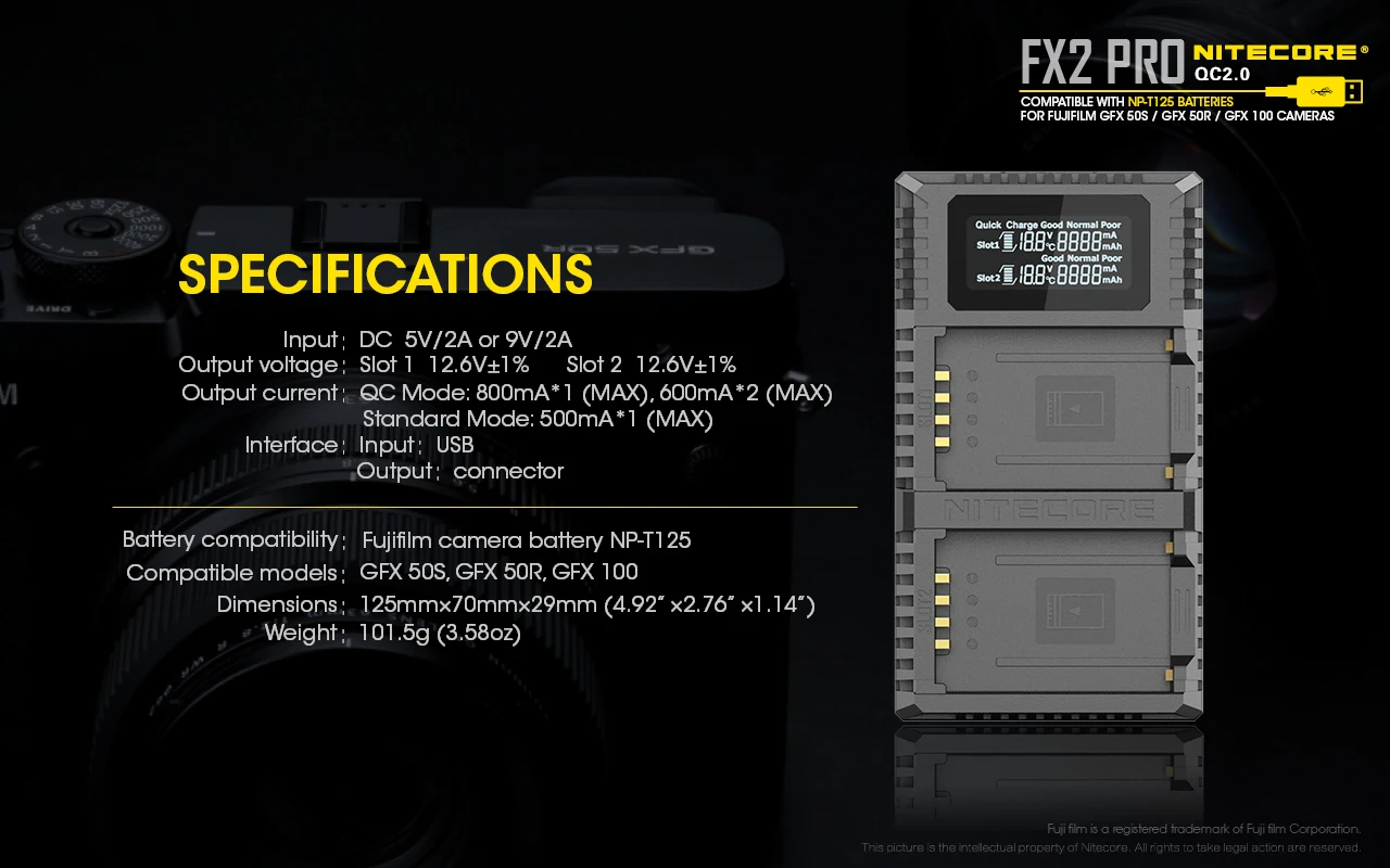 

Nitecore FX2 PRO USB QC - Fujifilm GFX50S/50R Compatiple NP-T125