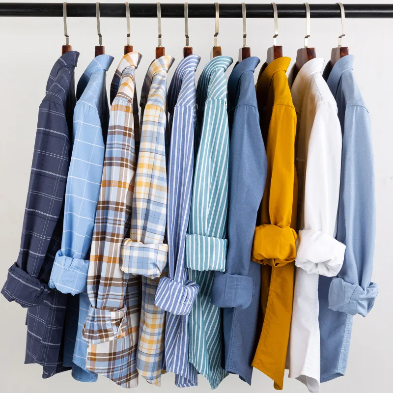 New Cotton Men's Oxford Plaid Casual Shirt  Long Sleeve Home Chest Pocket Regular-Fit Button-Down Collar Thick Work Dress Shirts
