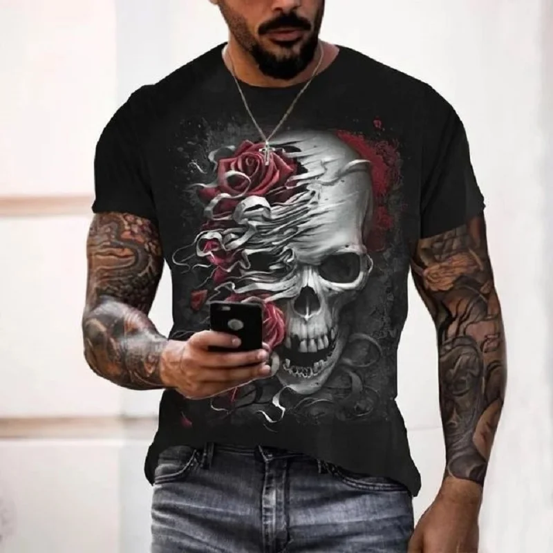 

2021 Summer Hot Top Men's T-shirt Street Punk Poker Ace Spades Clothes Skull 3D Printing Fashion Oversize Short-Sleeved Shirt