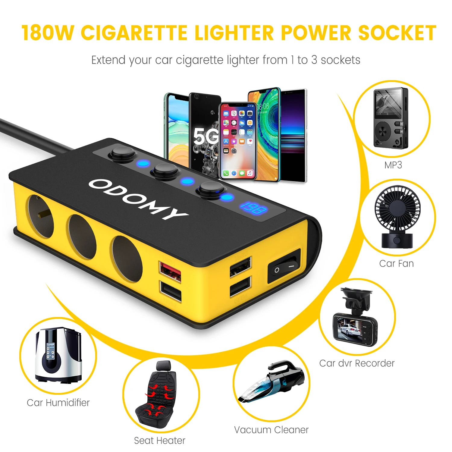 

ODOMY 12V-24V 180W Car Cigarette Lighter Power Adapter Multi Function 3 in 1 Power splitter USB Fast Charging for Phone Auto DVR