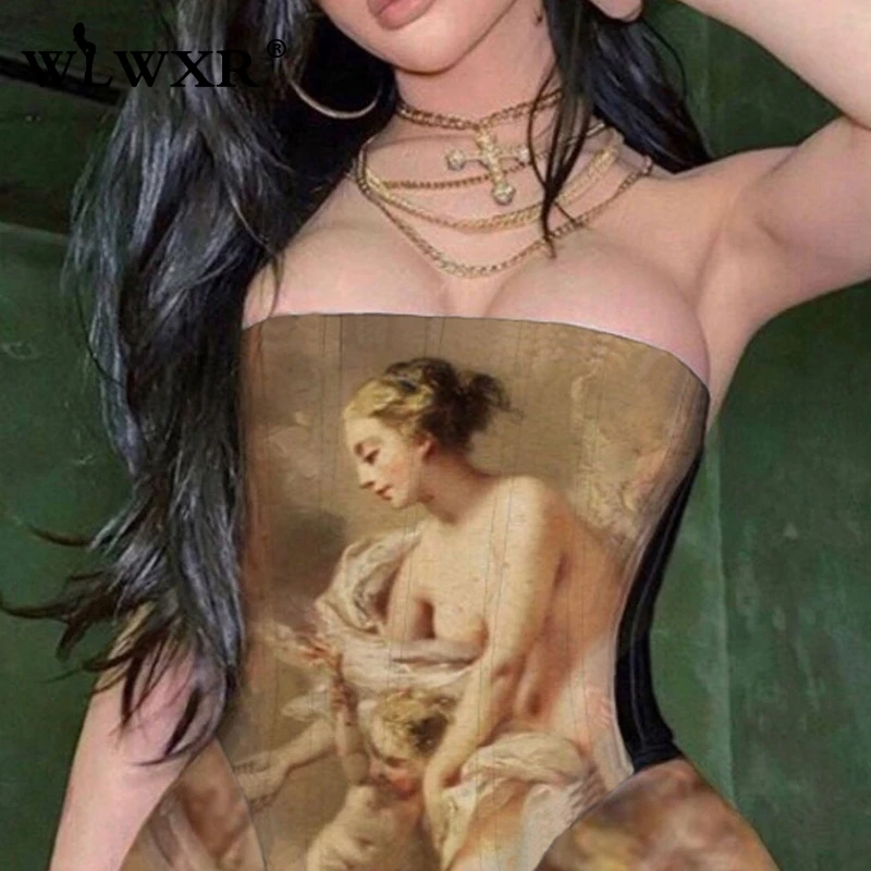 WLWXR Oil Painting Off Shoulder Summer Romper Women Sexy Bodycon Jumpsuit Female Backless Club One Piece Ladies | Женская одежда