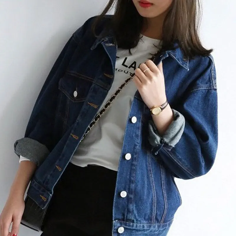 Женские джинсовые куртки с отложным воротником Свободные повседневные синие