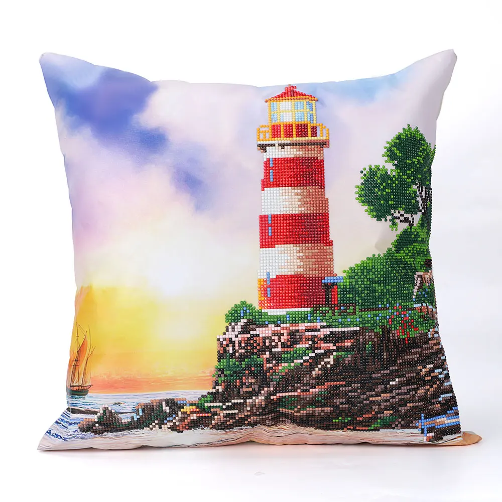 

Lighthouse Partial Round Drill Diamond Painting Cushion Cover Replacement Pillow Case DIY Art Mosaic Cross Stitch Gift Decor
