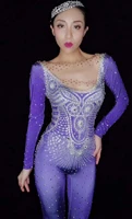 shining rhinestones romper purple long sleeve jumpsuit women singer performance birthday dance costume nightclub stage wear