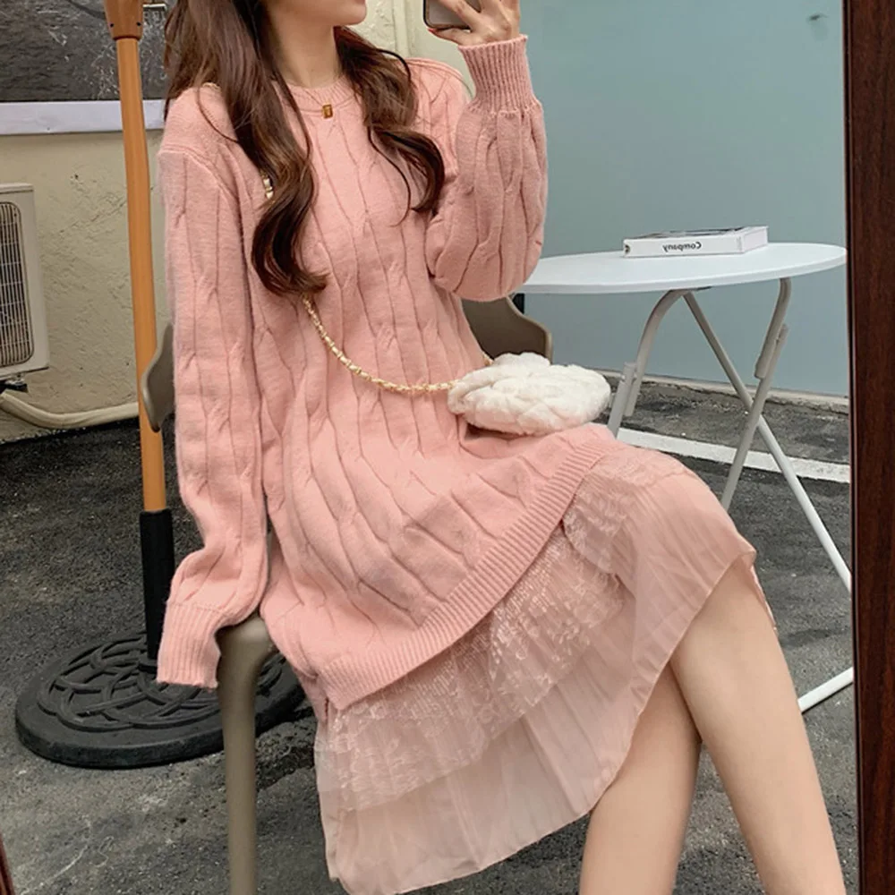 

New Women's Lace Stitching Sweater Dress Casual Round Neck Long Sleeve Bottom Sweaters Autumn Winter Fashion Solid Color Tops