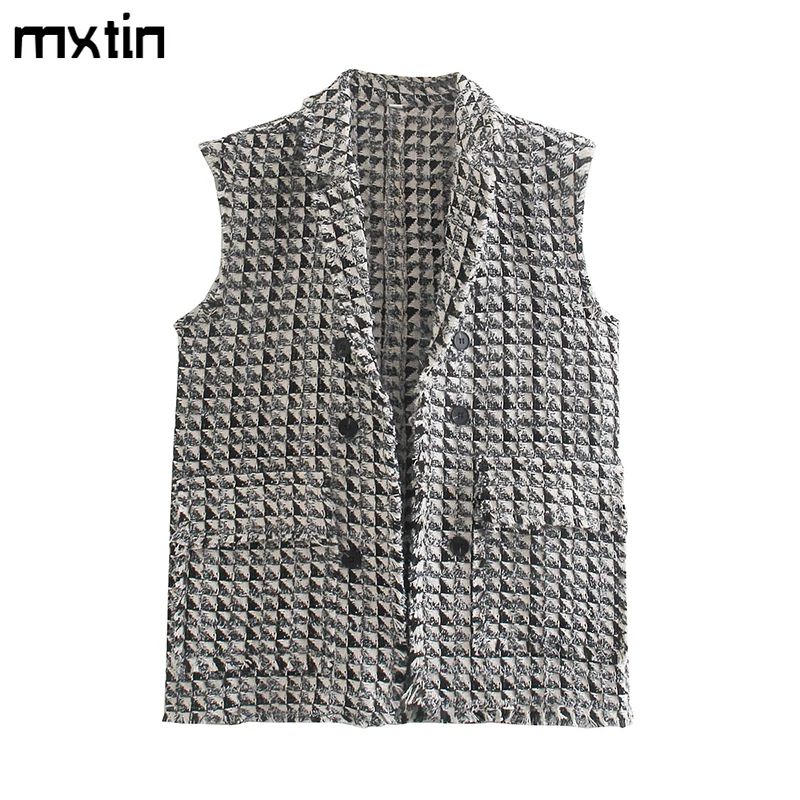 

MXTIN 2021 Women Autumn Fashion Tweed Pockets Suit Tank Top Vintage O-Neck Sleeveless Double Breasted Female Vest Chic Tops