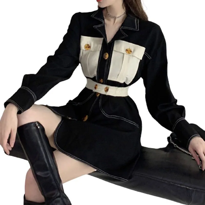 

PERHAPS U Women Stitching Turndown Collar Slim Pocket Belt A-Line Long Shirt C3005