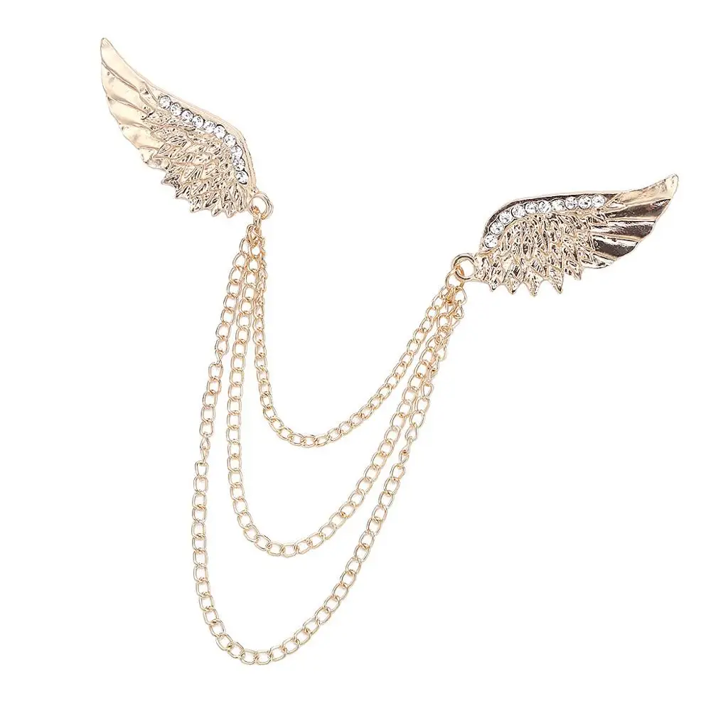 Взрослые мужчины сверкающие Броши Стразы двойные крылья Ангела кисточки цепь