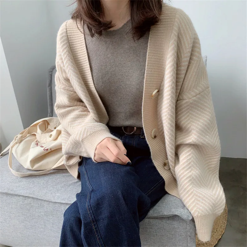 

Saythen Retro Loose Women Striped Open Stitch Sweater 2020 Autumn Winter V-neck Single-breasted Casual Female Knitted Cardigans